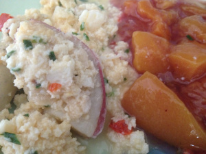 Cheddar and Egg Scramble with Chicken Sausage and Raspberry-Peach Compote